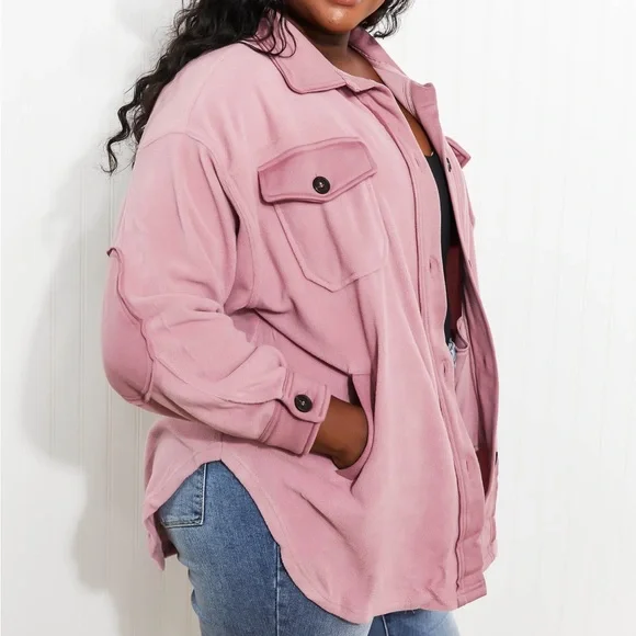 Light Rose Cozy in the Cabin Full Size Fleece Elbow Patch Shacket - Picture 3 of 10